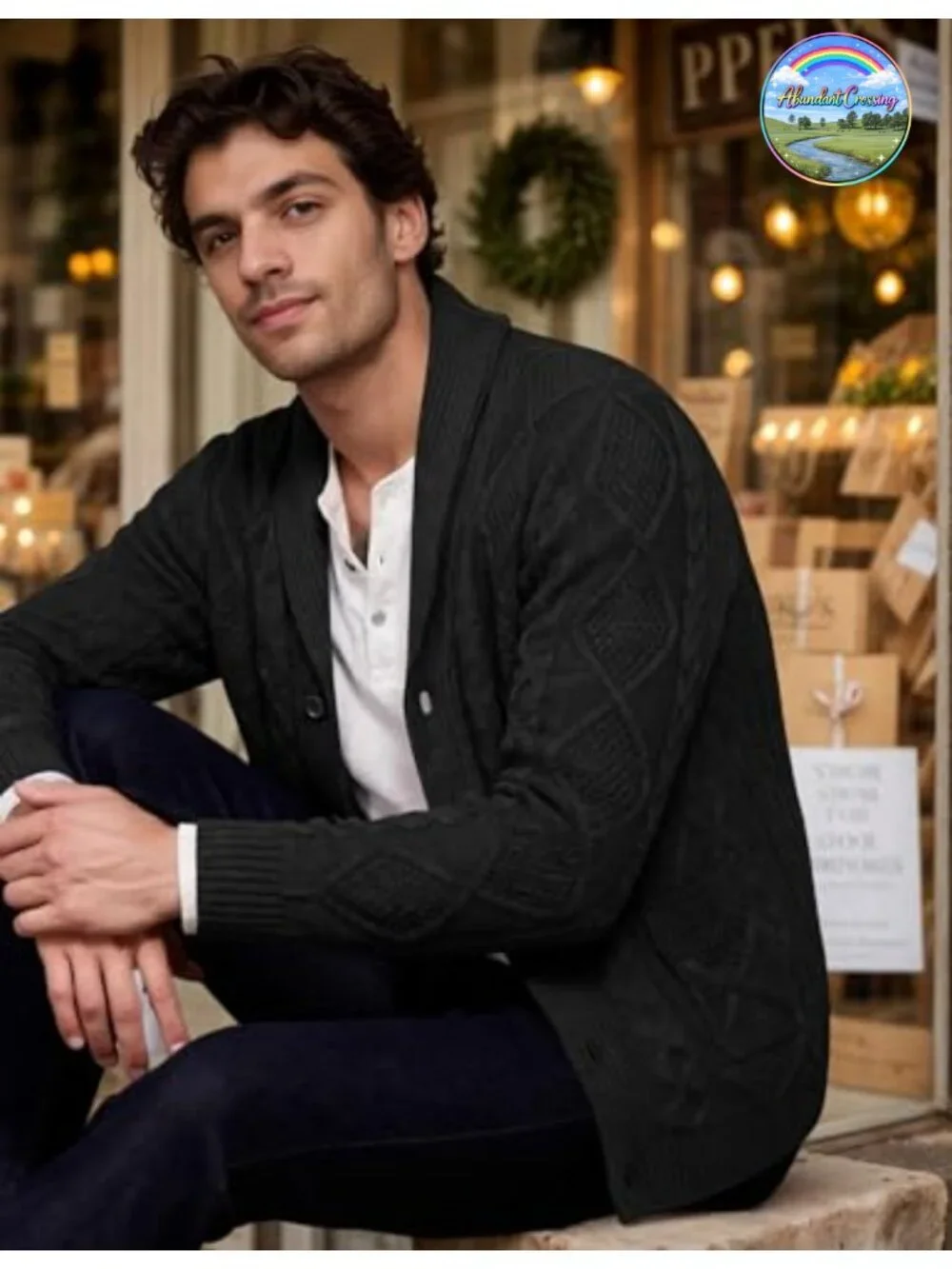 Mens Shawl Collar Cardigan Sweater Slim Fit Button Down Cable Knitted with